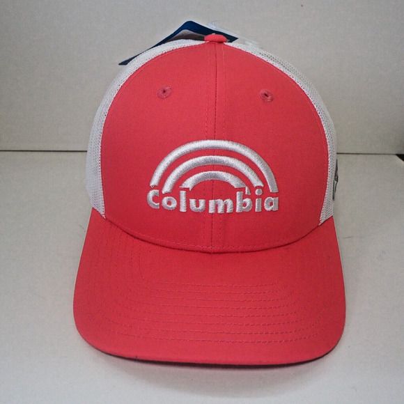 Columbia Rainbow Trucker Mesh Snapback Hat NWT Pink and White Cap - Picture 1 of 8